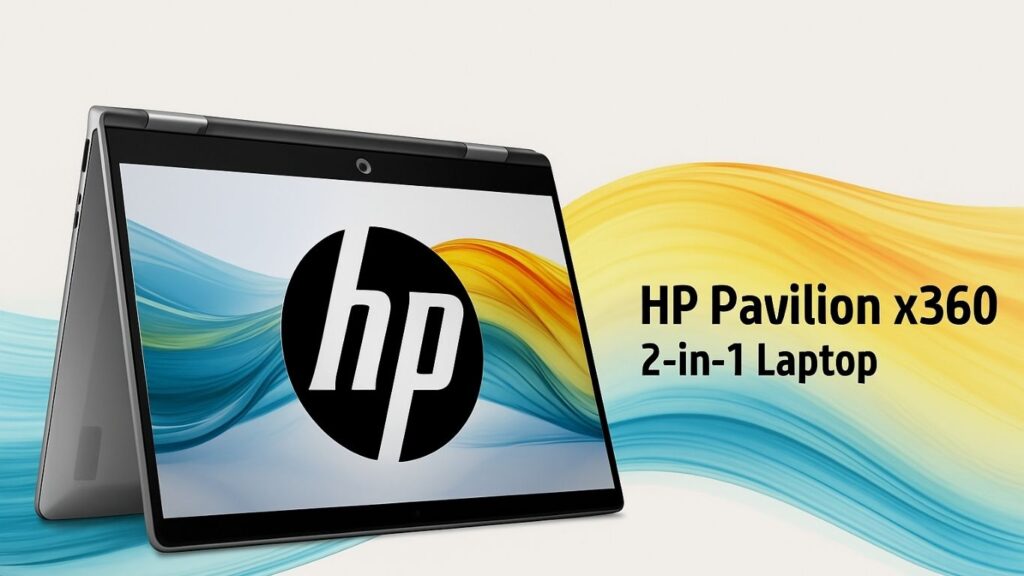 HP Pavilion x360 2-in-1 Touchscreen Laptop in tent mode on a sleek desk setup, emphasizing its flexible design and smooth performance. Featured in “Top 5 Best 2-in-1 Touchscreen Laptops on Amazon in 2025.”