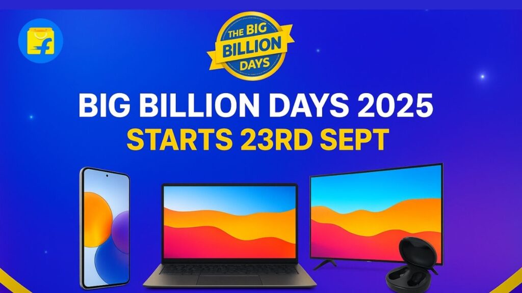 Flipkart Big Billion Days 2025 sale banner – starts 23rd September with discounts on mobiles, laptops, and gadgets.
