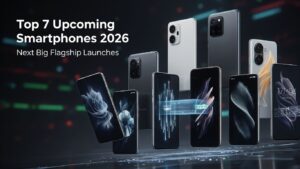 Upcoming smartphones in 2026 with futuristic foldable displays and AI-powered cameras