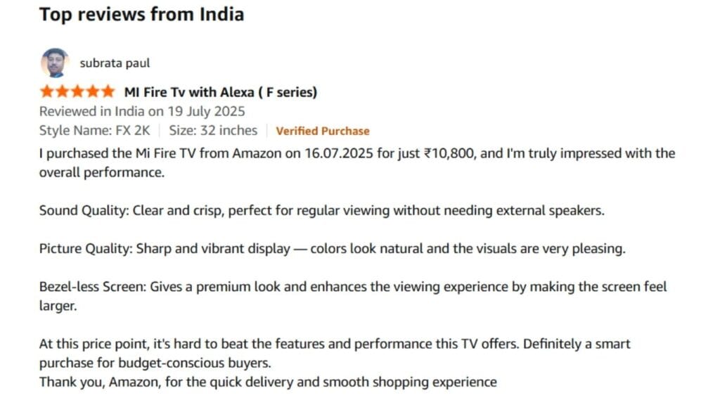 Xiaomi Smart TV F 32 (2025) Customer Review on amazon